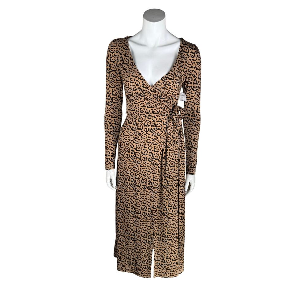 Good American Leopard Wrap Midi Dress in Tan and Black